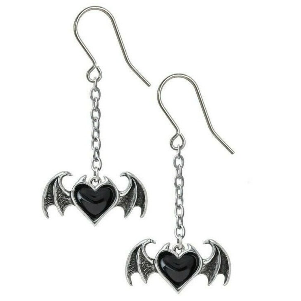Alchemy Gothic Winged Black Heart Dangle Earrings NWT
